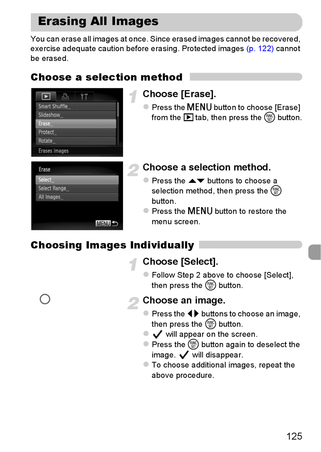 Canon A2200 IS, A3350 IS manual Erasing All Images, Choose Erase, 125 