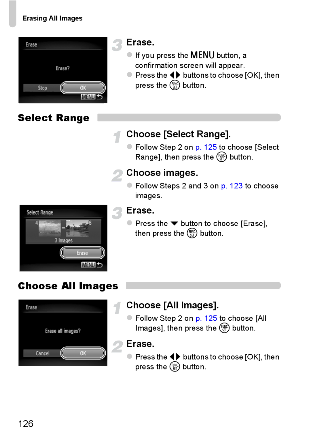 Canon A3350 IS, A2200 IS manual Erase, 126, Follow Steps 2 and 3 on p to choose images, Erasing All Images 