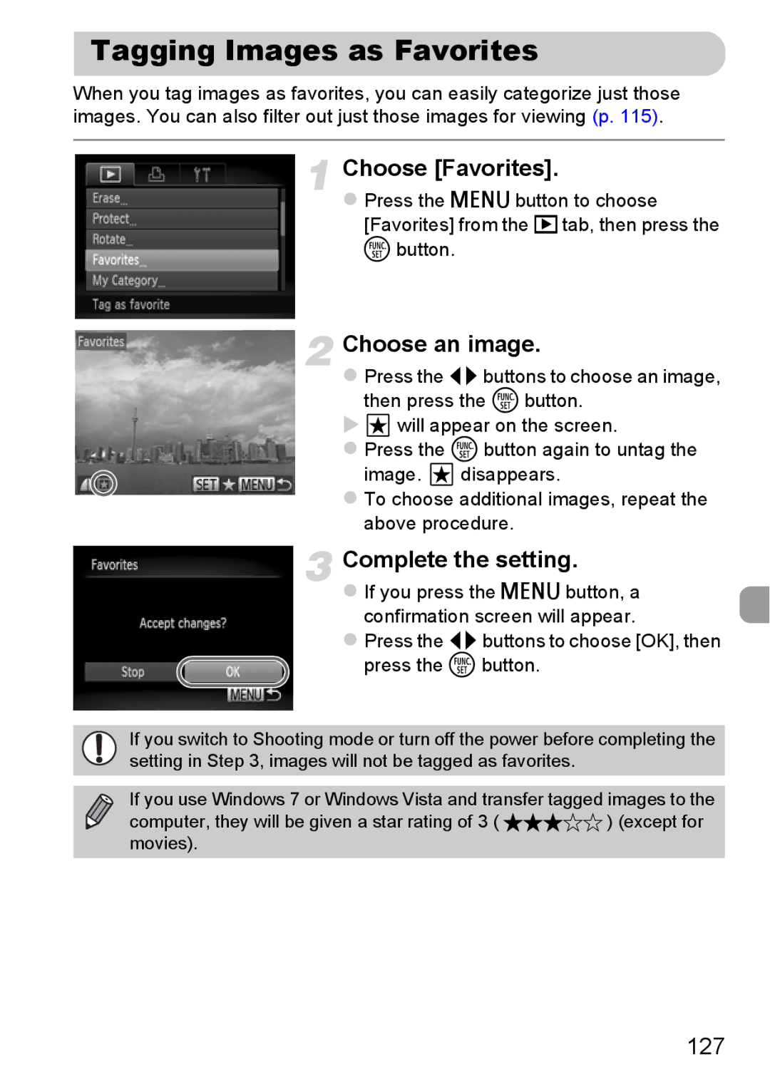 Canon A2200 IS, A3350 IS manual Tagging Images as Favorites, Choose Favorites, 127 