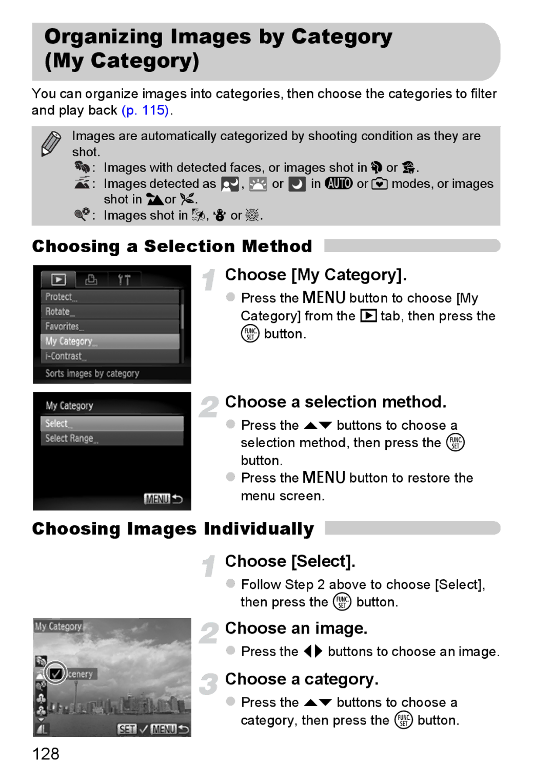 Canon A3350 IS, A2200 IS Organizing Images by Category My Category, Choosing a Selection Method, Choose My Category, 128 