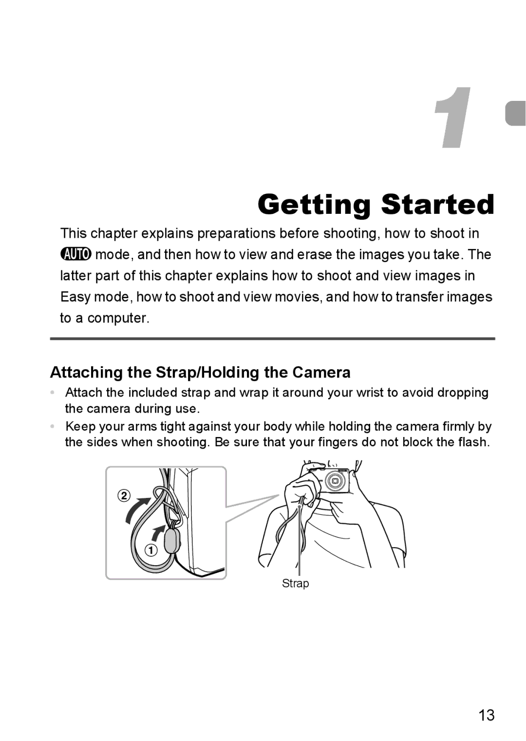 Canon A2200 IS, A3350 IS manual Getting Started, Attaching the Strap/Holding the Camera 