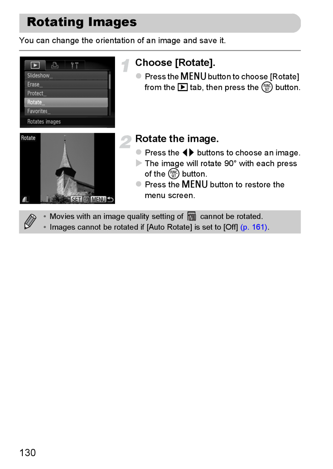 Canon A3350 IS, A2200 IS manual Rotating Images, Choose Rotate, Rotate the image, 130 