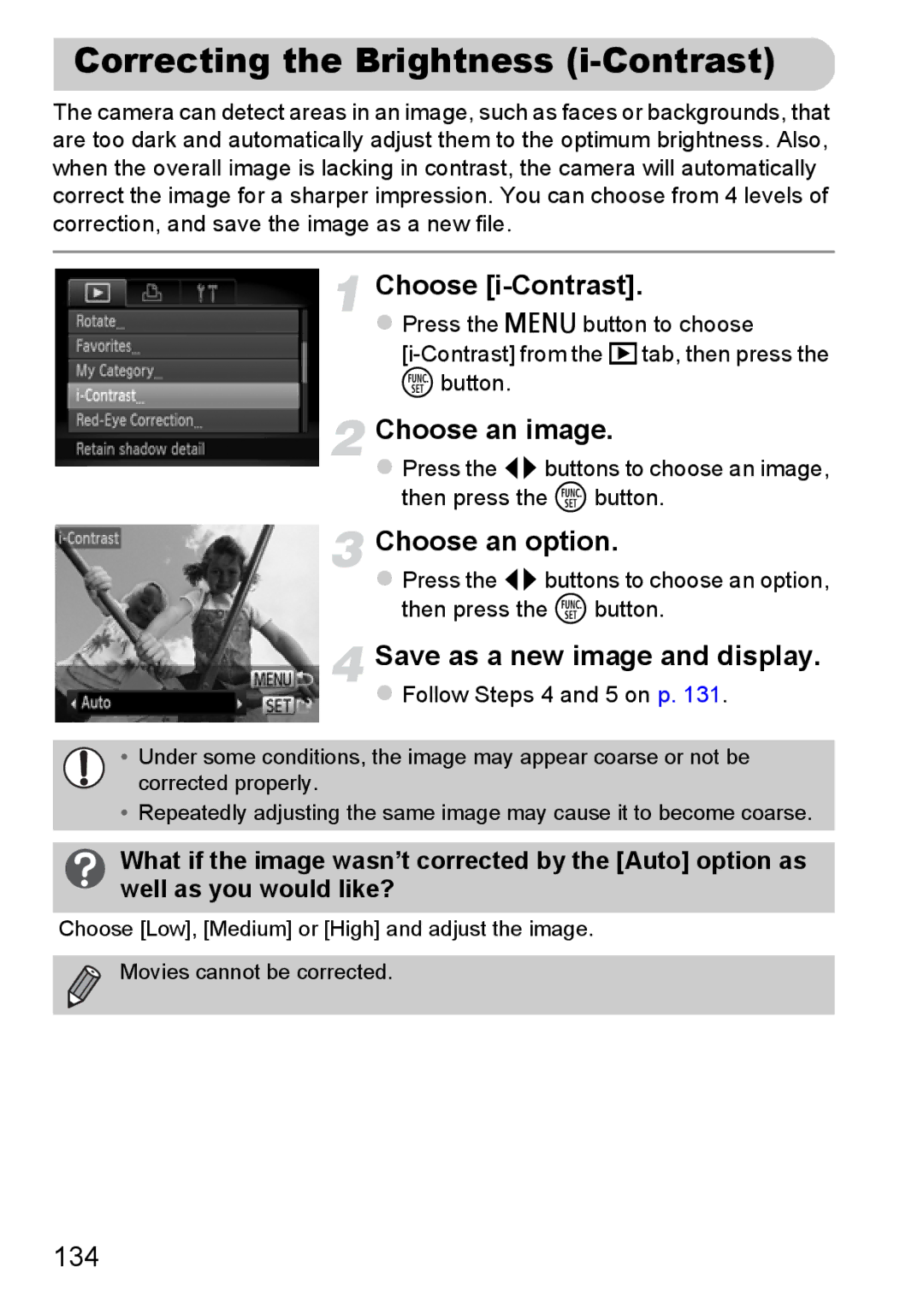 Canon A3350 IS, A2200 IS manual Correcting the Brightness i-Contrast, 134 