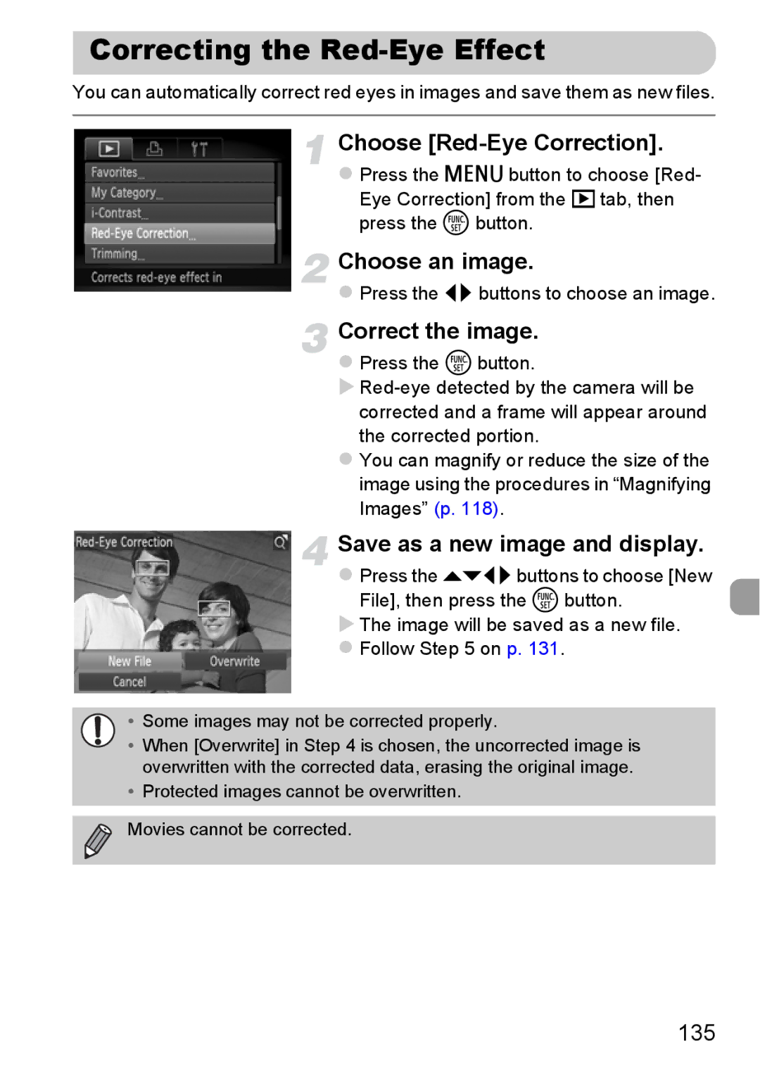 Canon A2200 IS, A3350 IS manual Correcting the Red-Eye Effect, Choose Red-Eye Correction, Correct the image, 135 