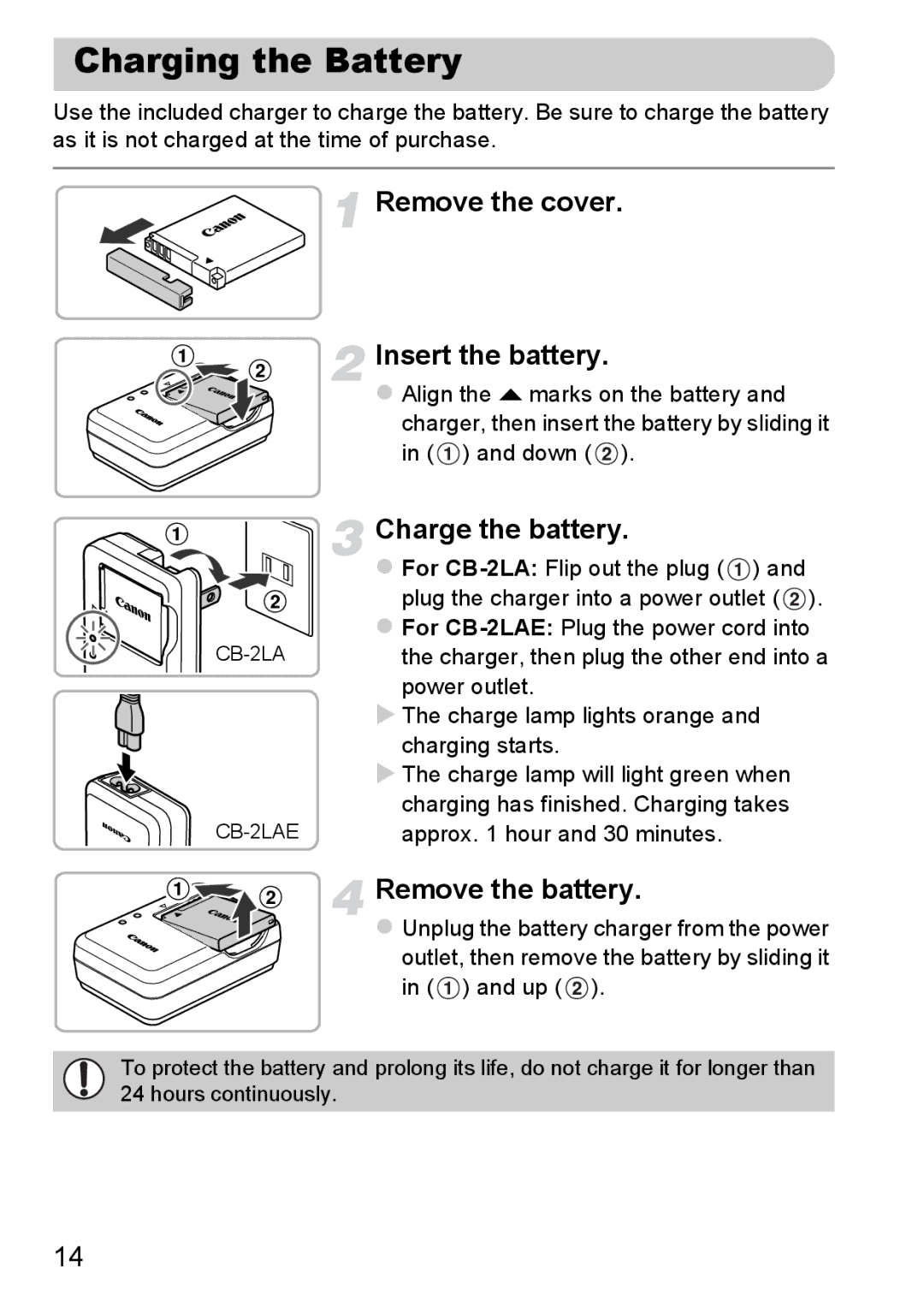 Canon A3350 IS, A2200 IS Charging the Battery, Remove the cover Insert the battery, Charge the battery, Remove the battery 