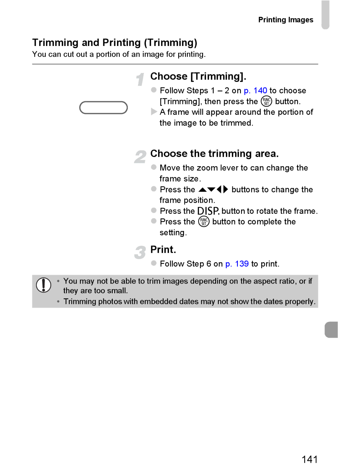 Canon A2200 IS, A3350 IS manual Trimming and Printing Trimming, Choose the trimming area, 141, Follow on p to print 