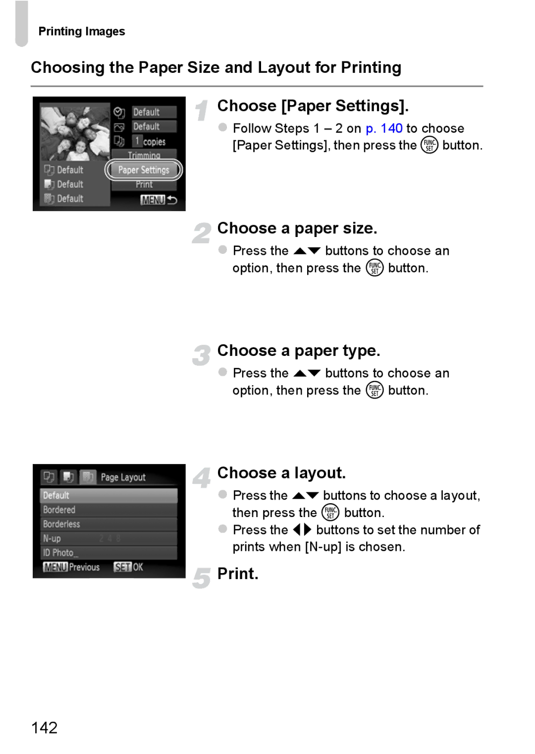 Canon A3350 IS, A2200 IS manual Choose a paper size, Choose a paper type, Choose a layout, 142 