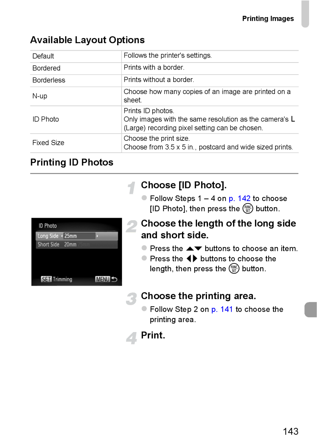 Canon A2200 IS, A3350 IS manual Available Layout Options, Printing ID Photos Choose ID Photo, Choose the printing area, 143 