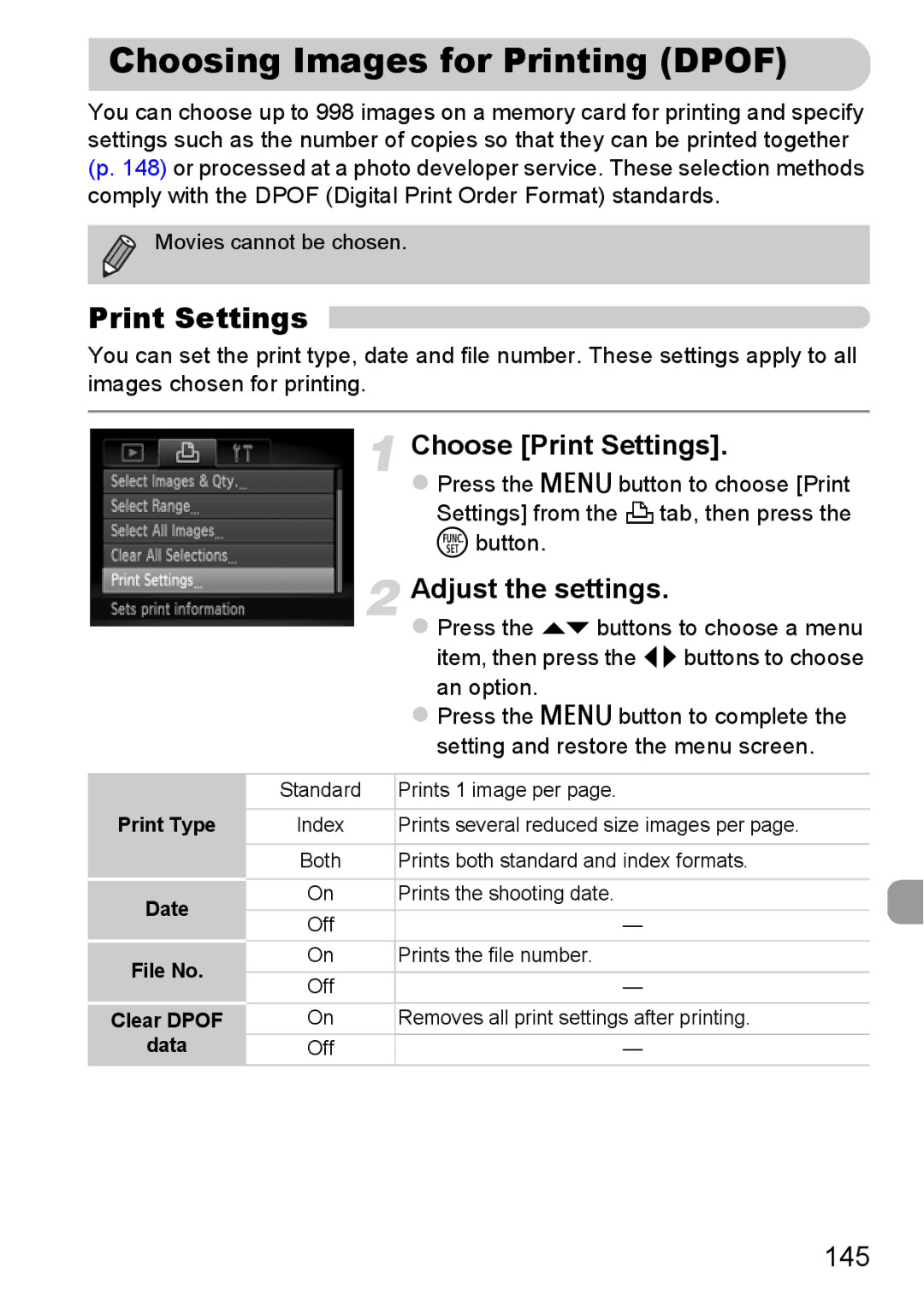 Canon A2200 IS, A3350 IS manual Choosing Images for Printing Dpof, Choose Print Settings, Adjust the settings, 145 