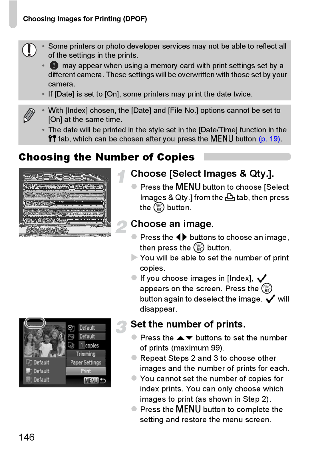 Canon A3350 IS, A2200 IS manual Choosing the Number of Copies, Choose Select Images & Qty, Set the number of prints, 146 