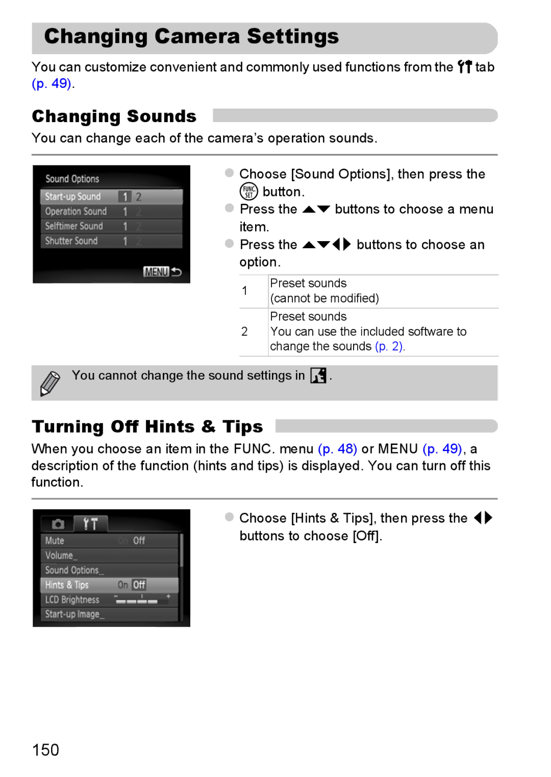 Canon A3350 IS, A2200 IS manual Changing Camera Settings, Changing Sounds, Turning Off Hints & Tips, 150 