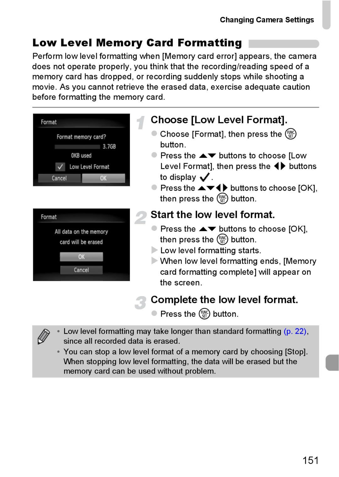Canon A2200 IS, A3350 IS manual Low Level Memory Card Formatting, Choose Low Level Format, Start the low level format, 151 