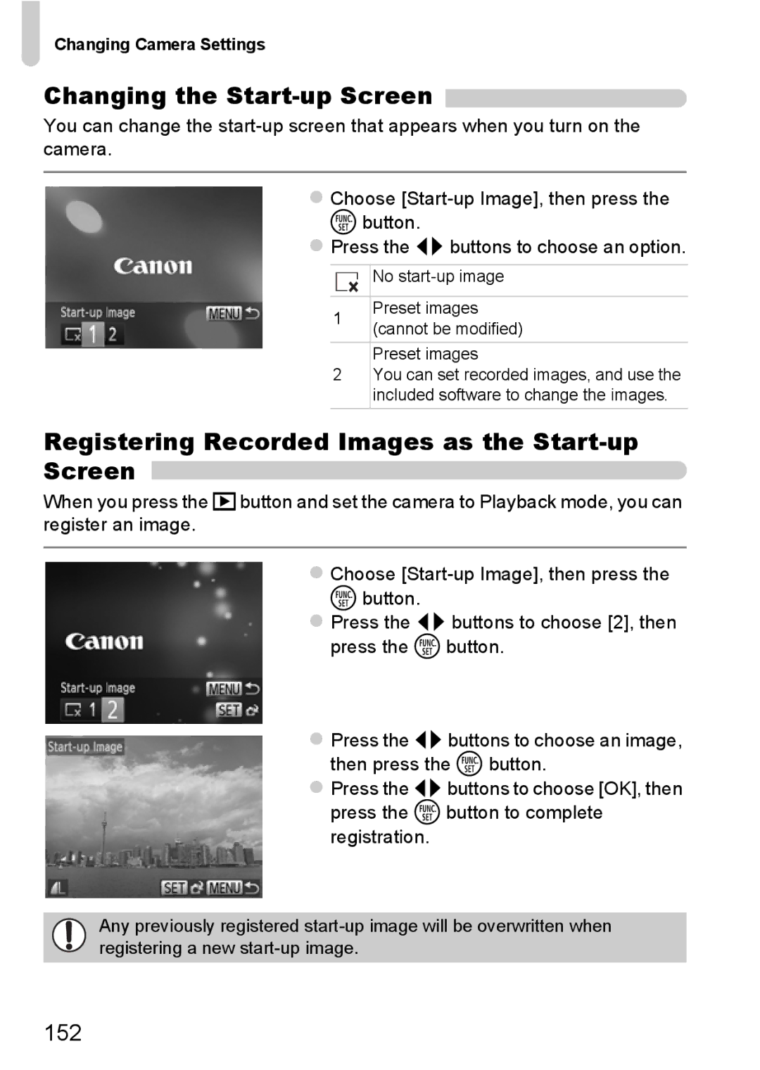 Canon A3350 IS, A2200 IS manual Changing the Start-up Screen, Registering Recorded Images as the Start-up Screen, 152 