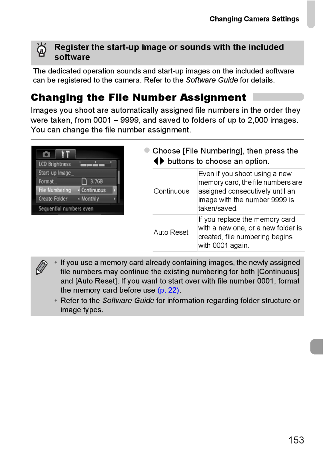 Canon A2200 IS, A3350 IS manual Changing the File Number Assignment, 153 