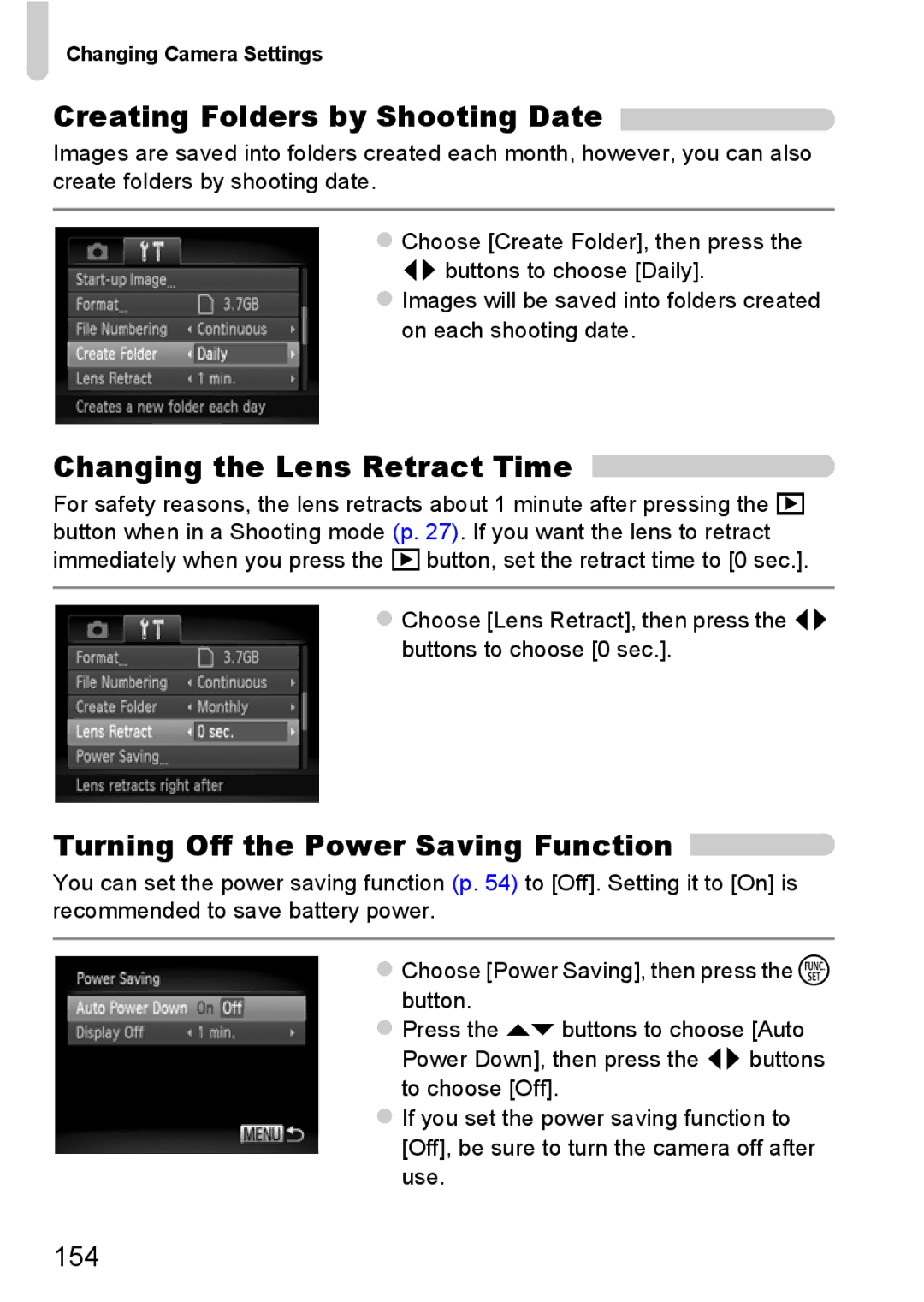 Canon A3350 IS Creating Folders by Shooting Date, Changing the Lens Retract Time, Turning Off the Power Saving Function 