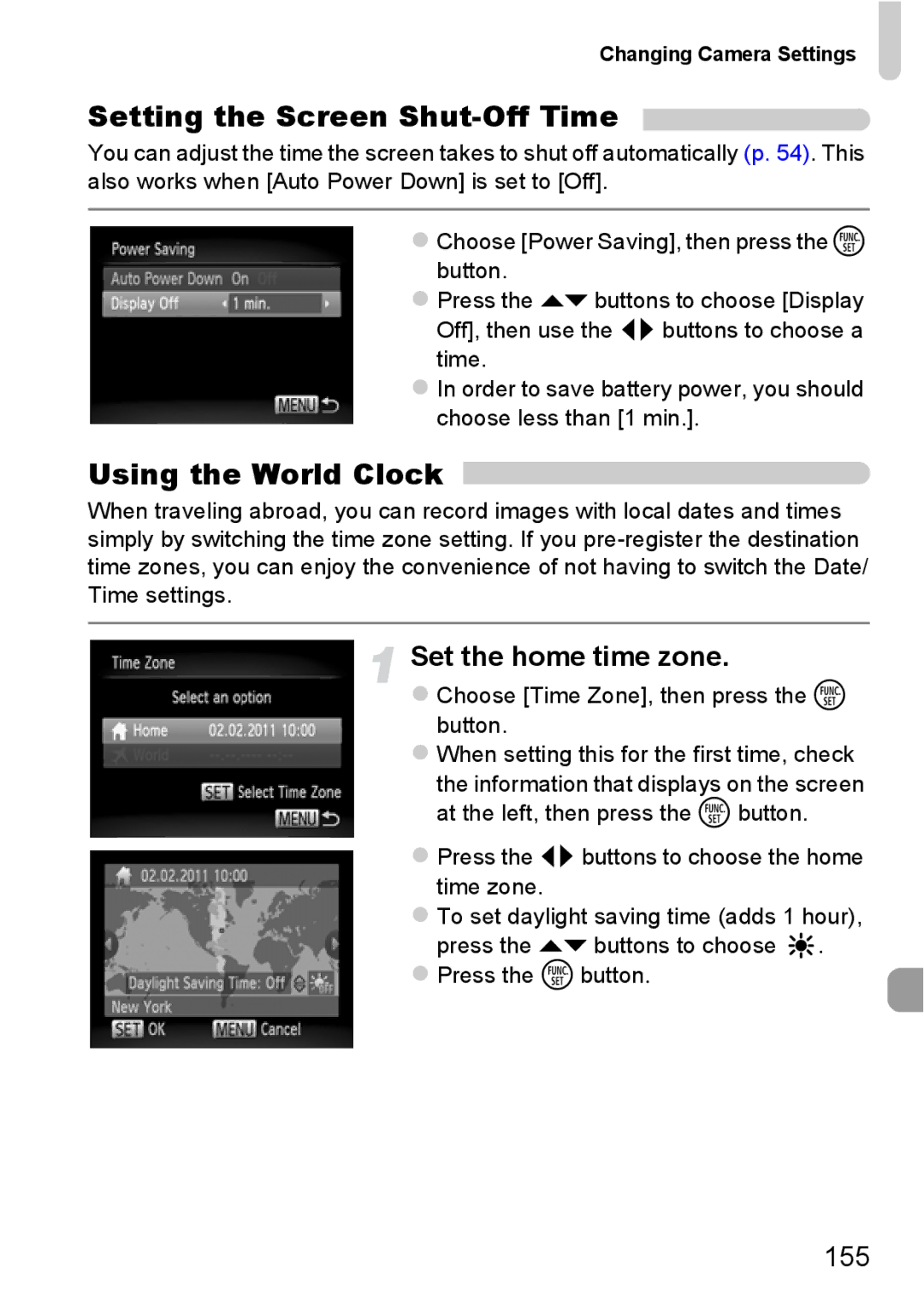 Canon A2200 IS, A3350 IS manual Setting the Screen Shut-Off Time, Using the World Clock, Set the home time zone, 155 