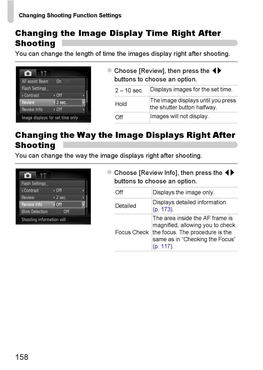 Canon A3350 IS, A2200 IS Changing the Image Display Time Right After Shooting, 158, Changing Shooting Function Settings 