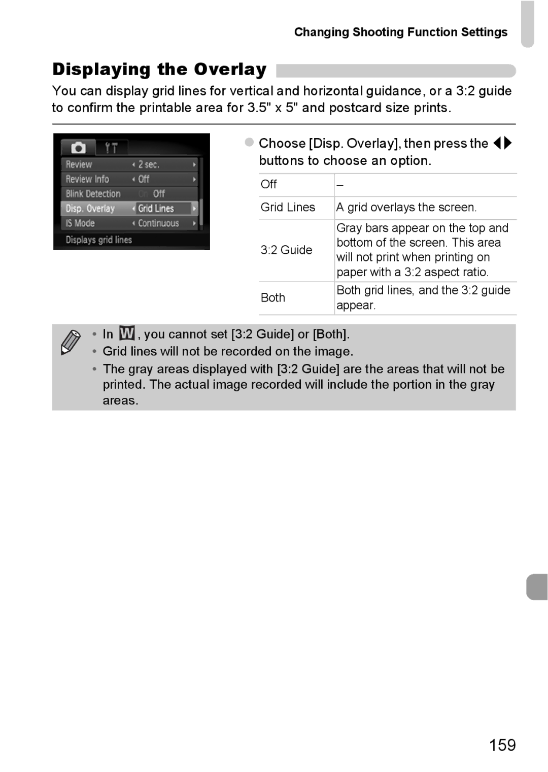 Canon A2200 IS, A3350 IS manual Displaying the Overlay, 159 