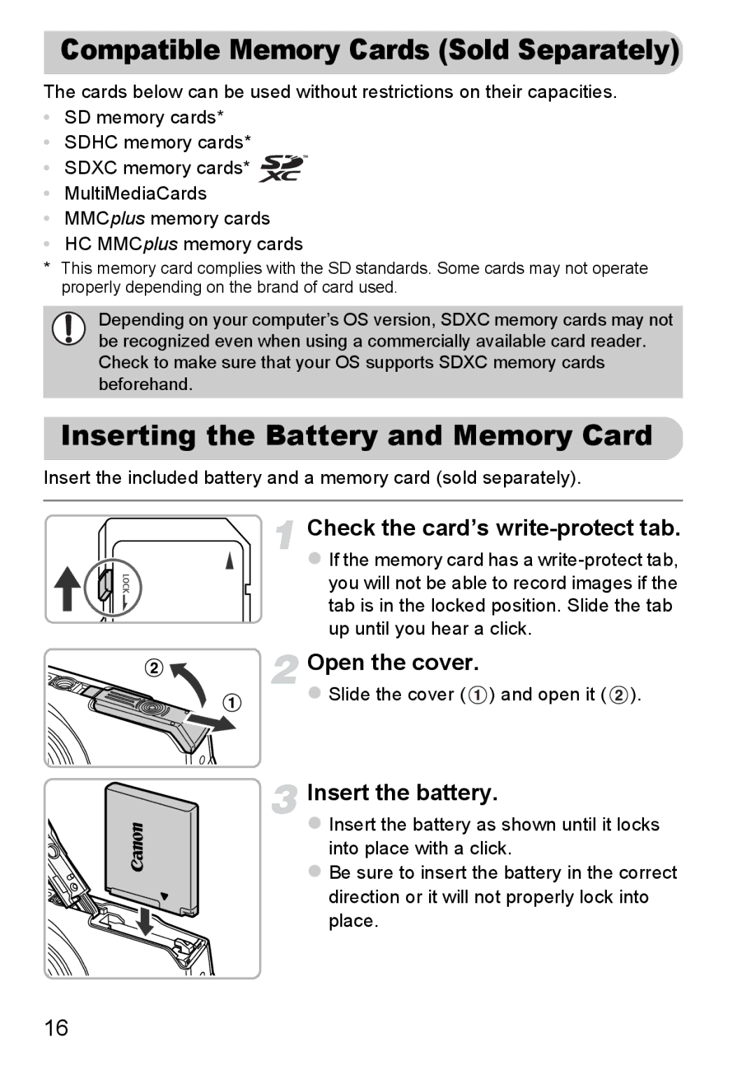 Canon A3350 IS, A2200 IS Compatible Memory Cards Sold Separately, Inserting the Battery and Memory Card, Open the cover 