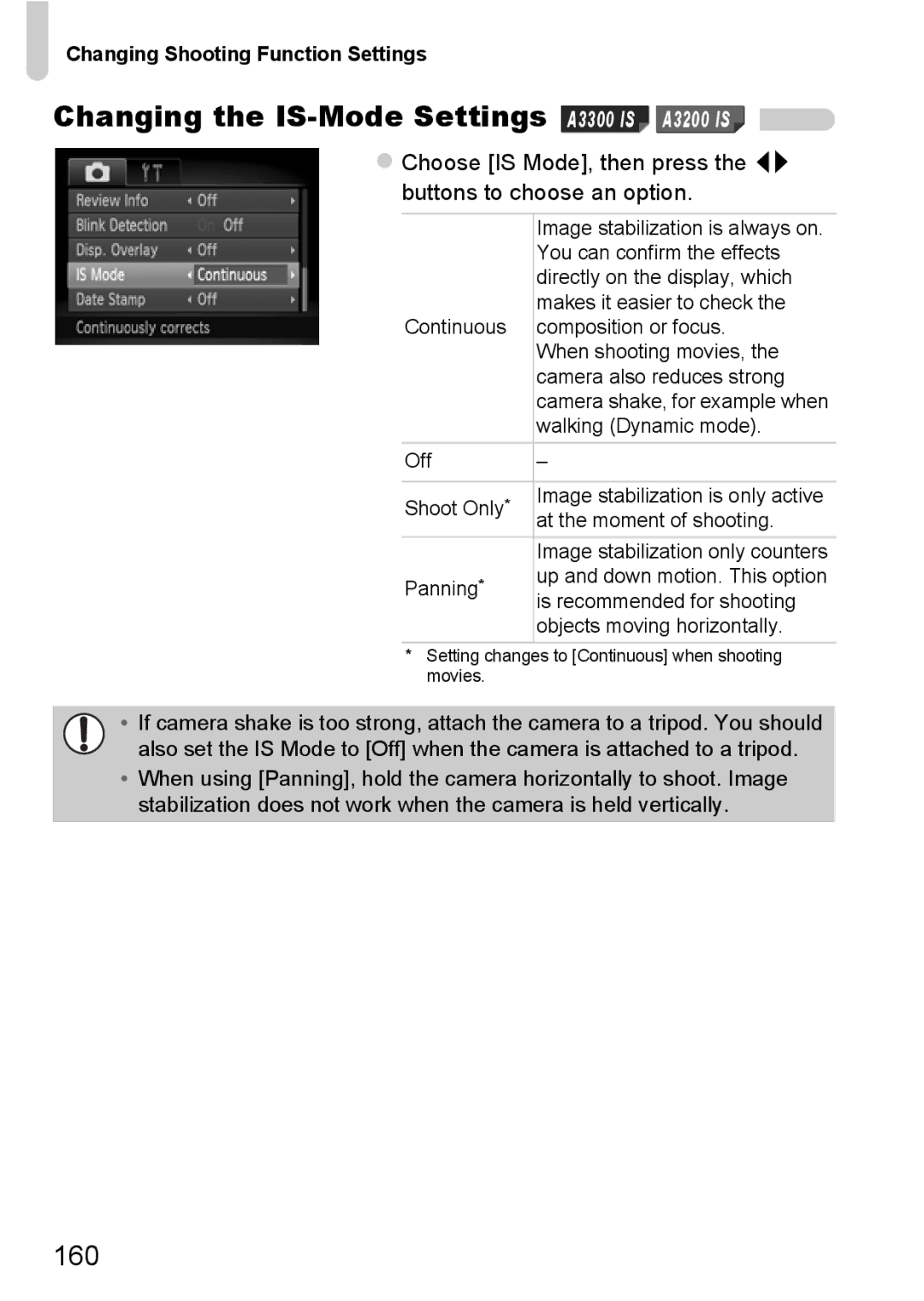 Canon A3350 IS, A2200 IS manual Changing the IS-Mode Settings A3300 is A3200 is, 160 