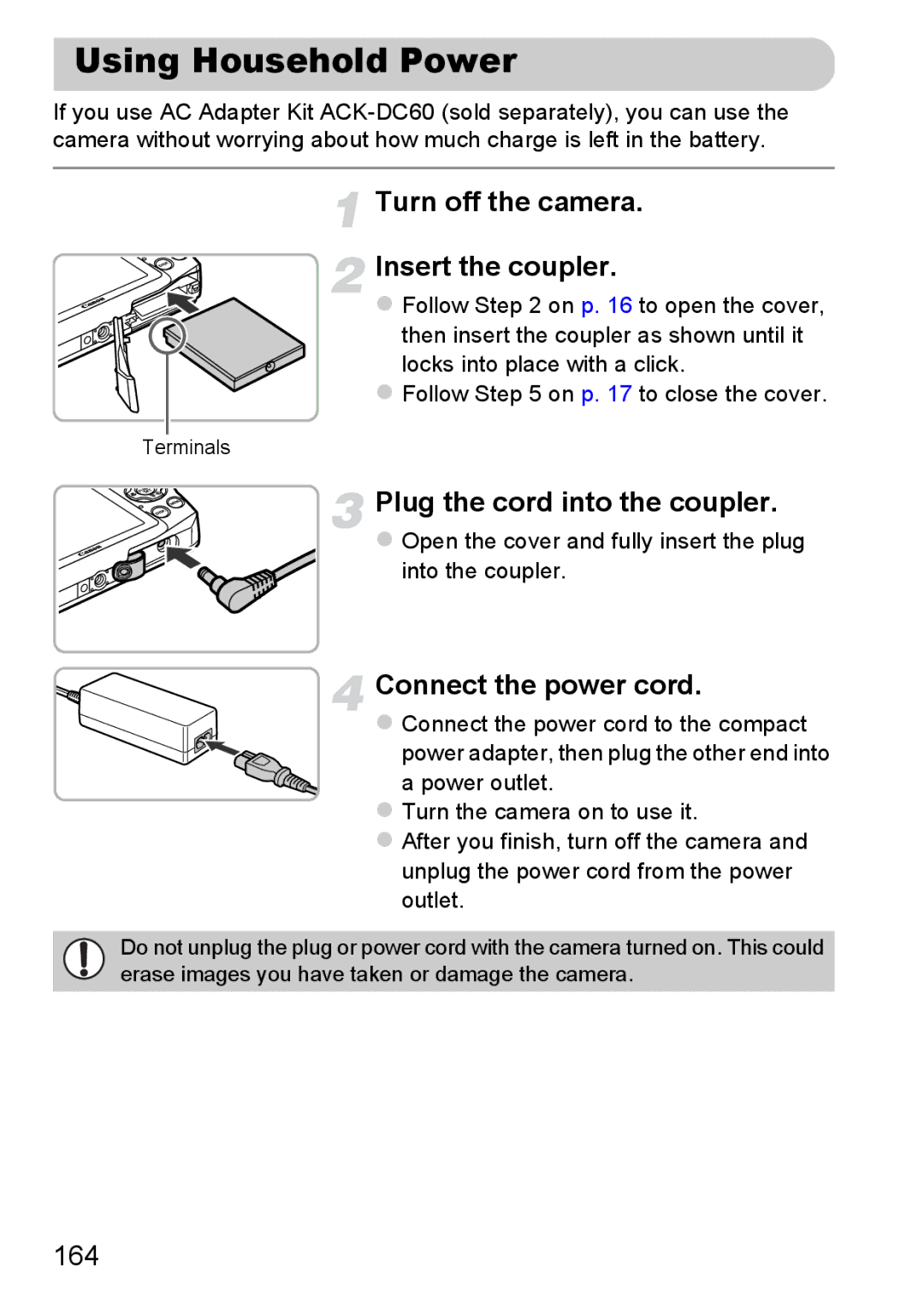 Canon A3350 IS manual Using Household Power, Turn off the camera Insert the coupler, Plug the cord into the coupler, 164 