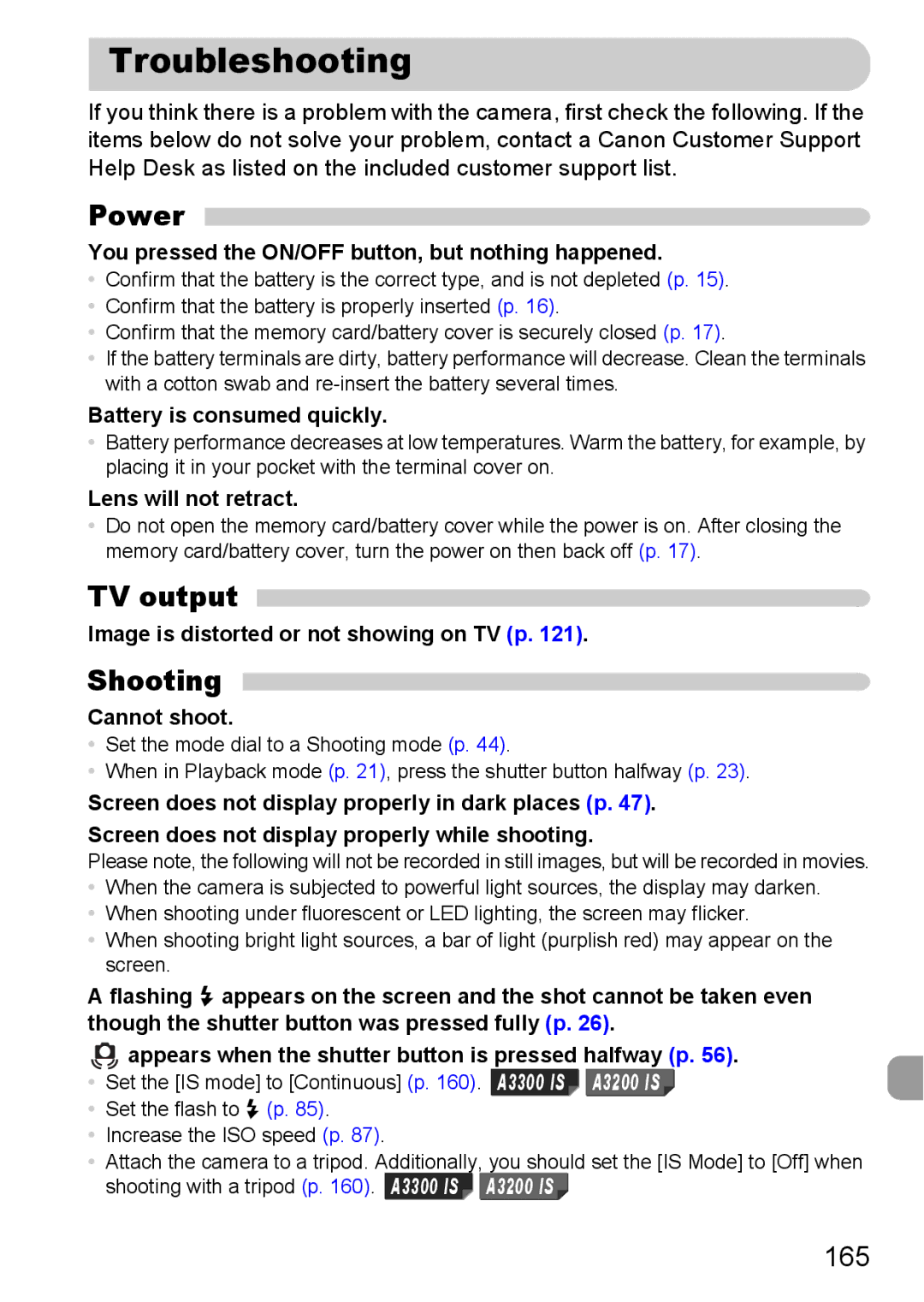 Canon A2200 IS, A3350 IS manual Troubleshooting, Power, TV output, 165 