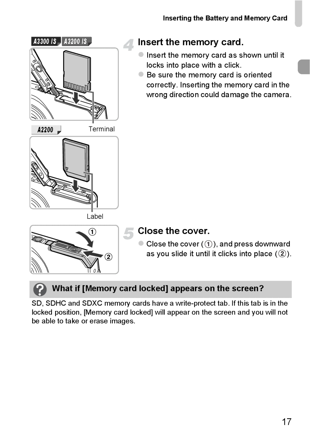 Canon A2200 IS, A3350 IS manual Insert the memory card, Close the cover, What if Memory card locked appears on the screen? 