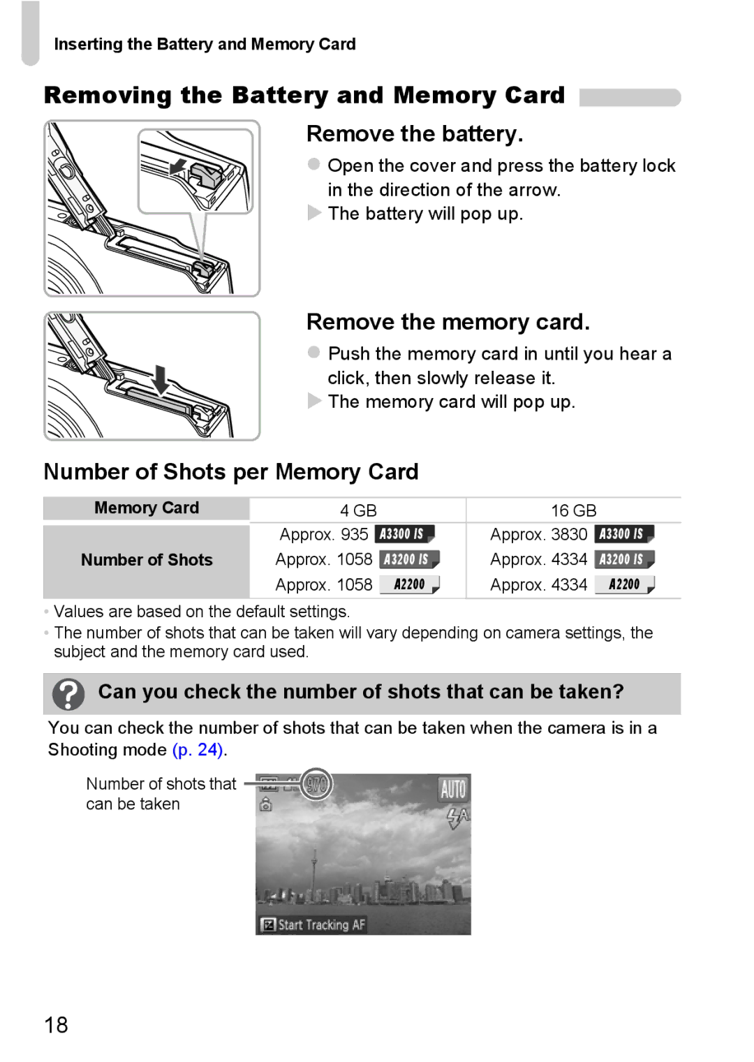 Canon A3350 IS, A2200 IS Removing the Battery and Memory Card, Remove the memory card, Number of Shots per Memory Card 