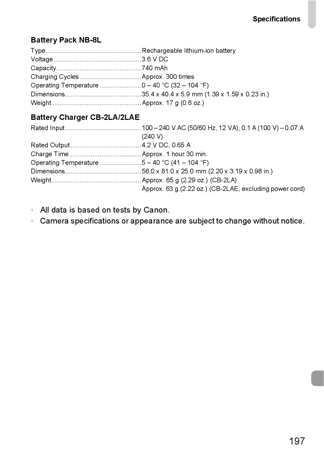 Canon A2200 IS, A3350 IS manual 197, Specifications Battery Pack NB-8L, Battery Charger CB-2LA/2LAE 