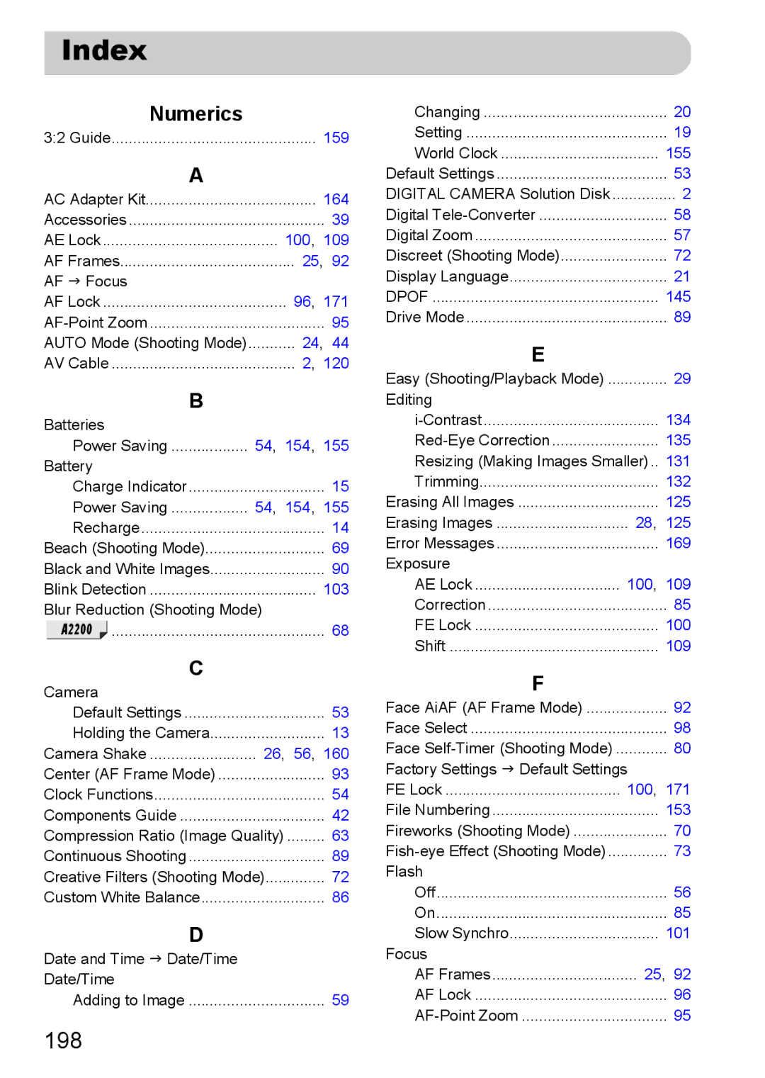 Canon A3350 IS, A2200 IS manual Index, 198 