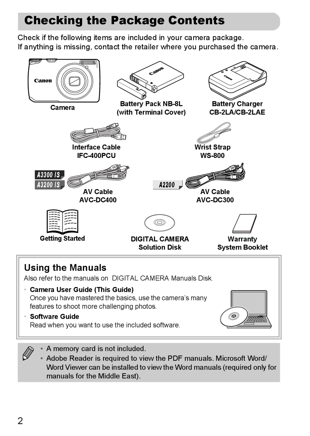 Canon A3350 IS, A2200 IS manual Checking the Package Contents 