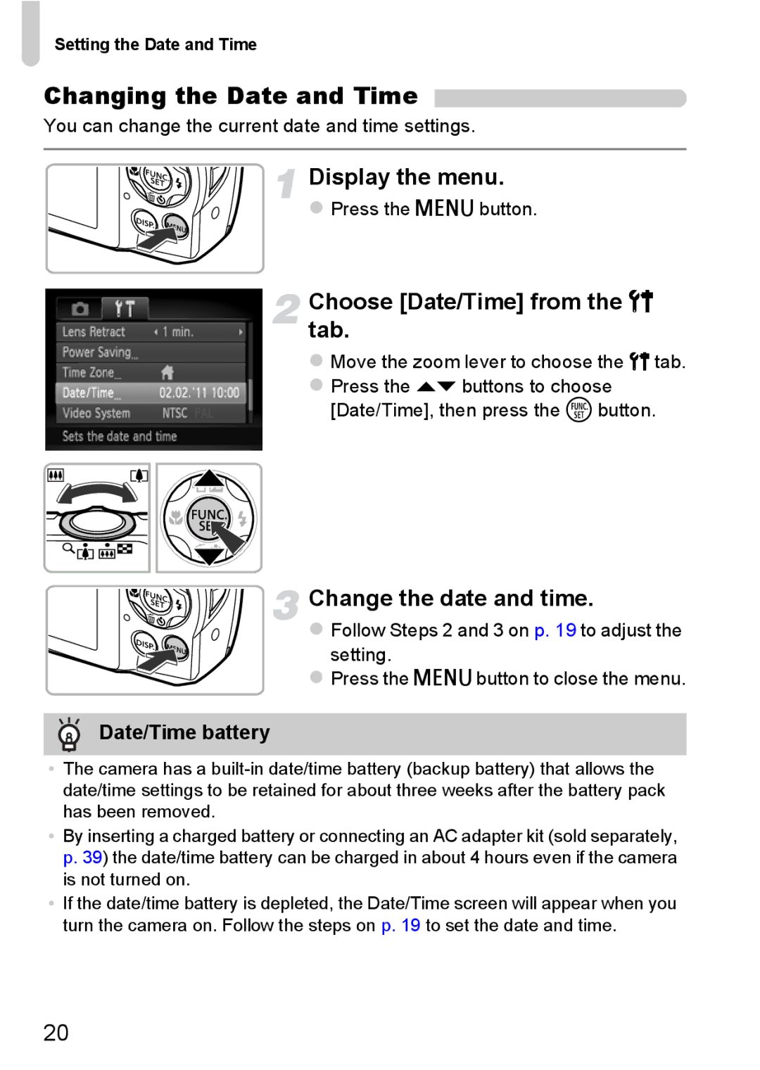 Canon A3350 IS Changing the Date and Time, Display the menu, Choose Date/Time from the 3 tab, Change the date and time 