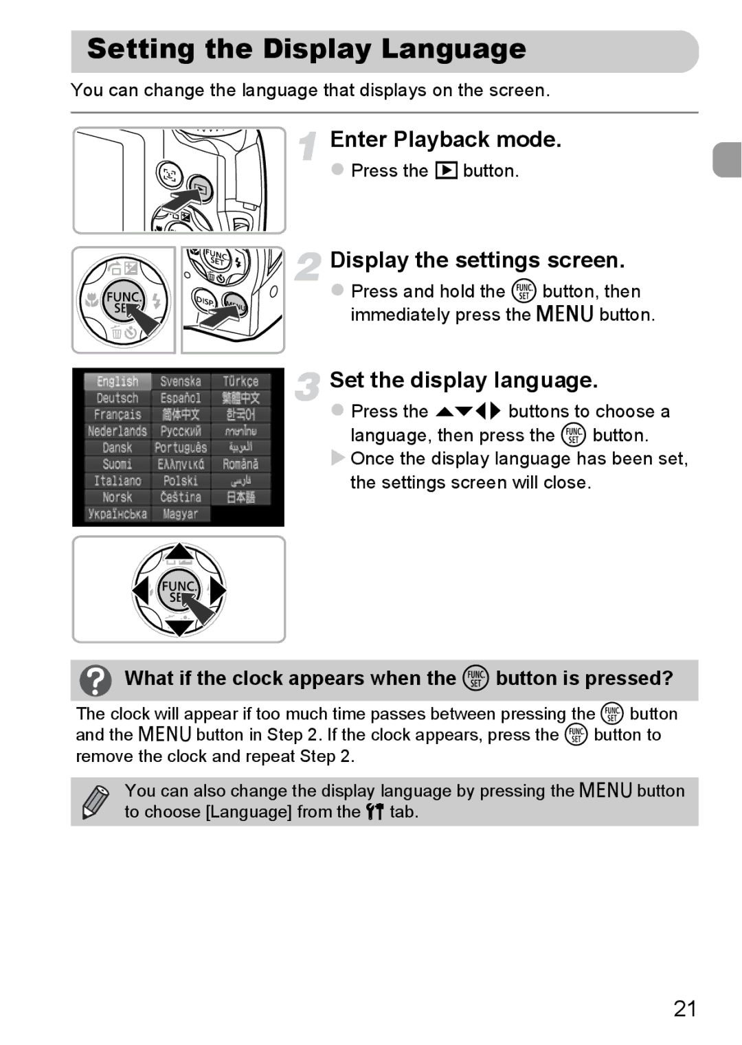 Canon A2200 IS Setting the Display Language, Enter Playback mode, Display the settings screen, Set the display language 