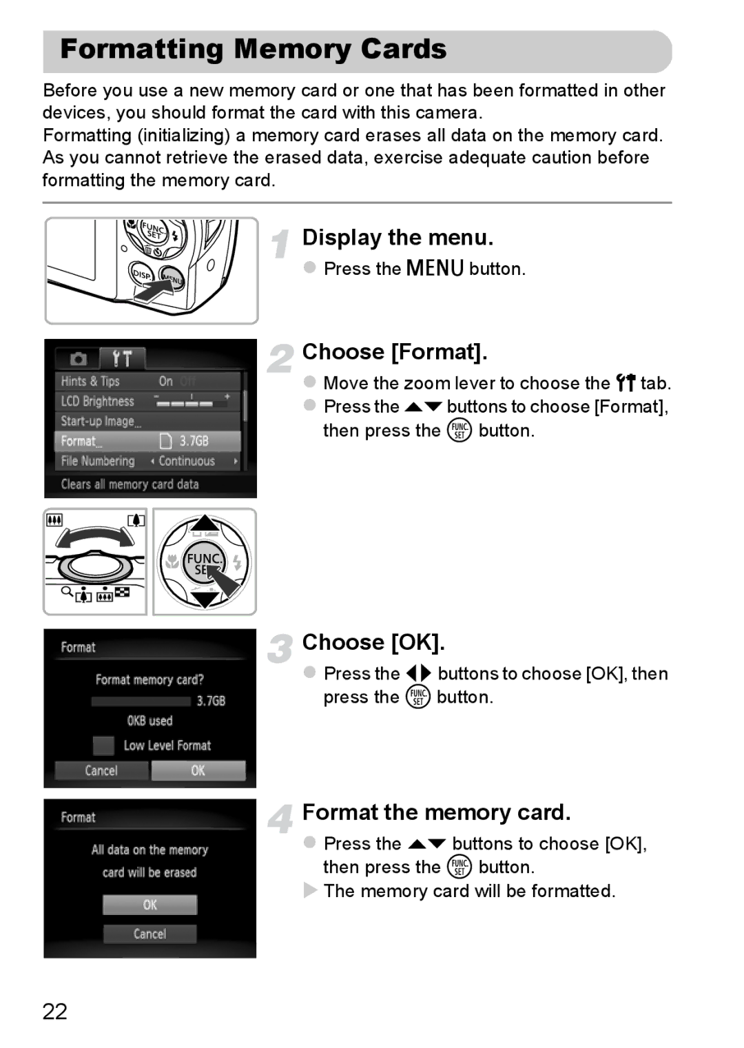 Canon A3350 IS, A2200 IS manual Formatting Memory Cards, Choose Format, Choose OK, Format the memory card 