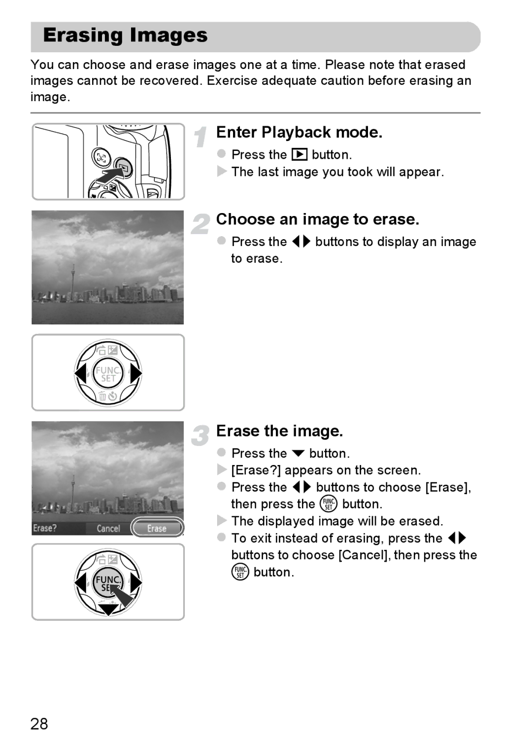 Canon A3350 IS Erasing Images, Choose an image to erase, Erase the image, Press the qrbuttons to display an image to erase 