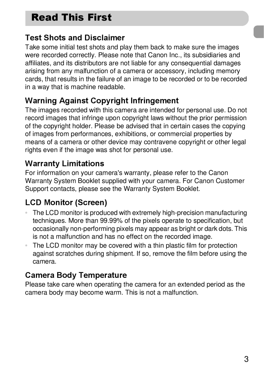 Canon A2200 IS, A3350 IS manual Read This First, Test Shots and Disclaimer, Warranty Limitations, LCD Monitor Screen 