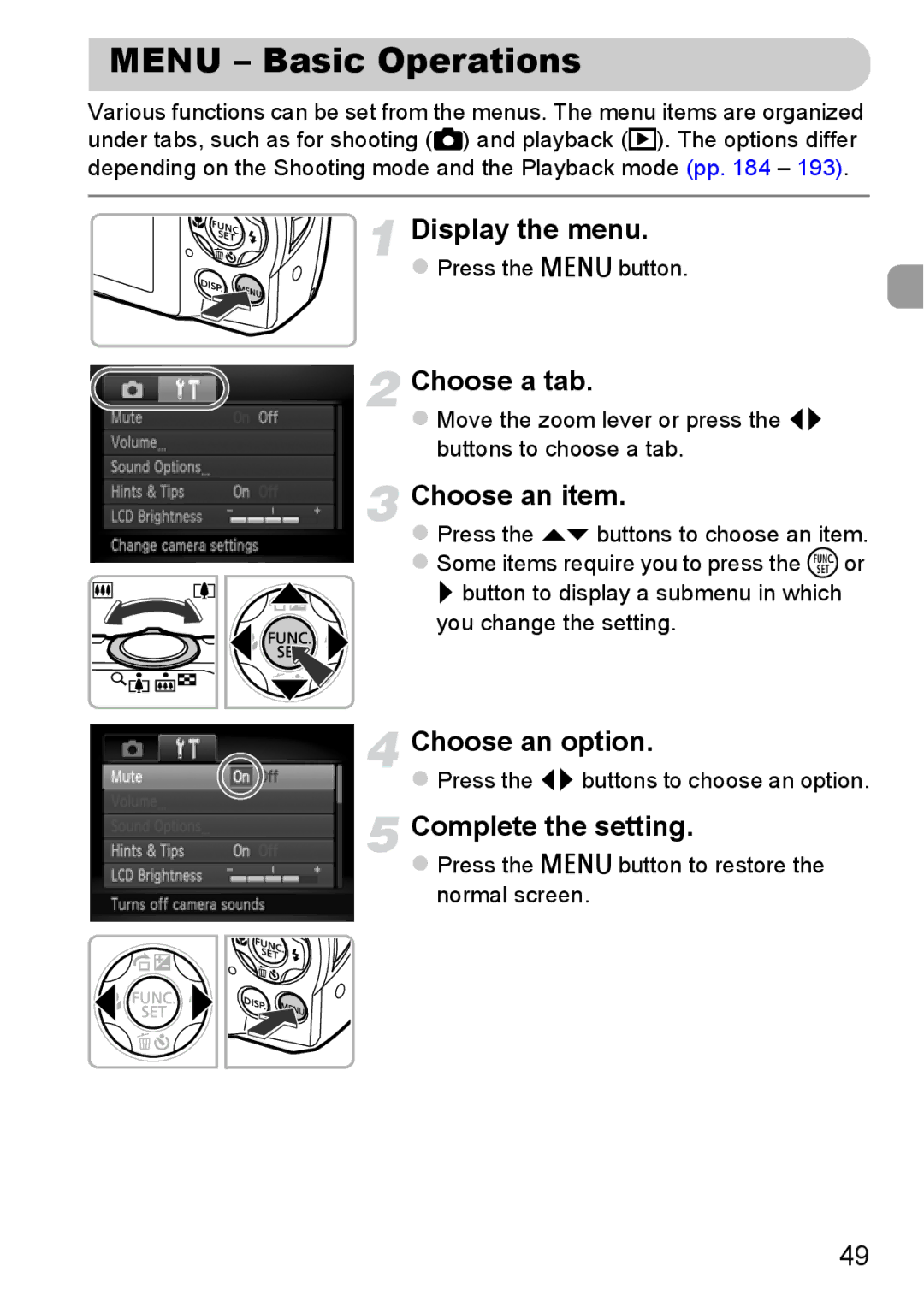 Canon A2200 IS, A3350 IS manual Menu Basic Operations, Choose a tab, Choose an item 