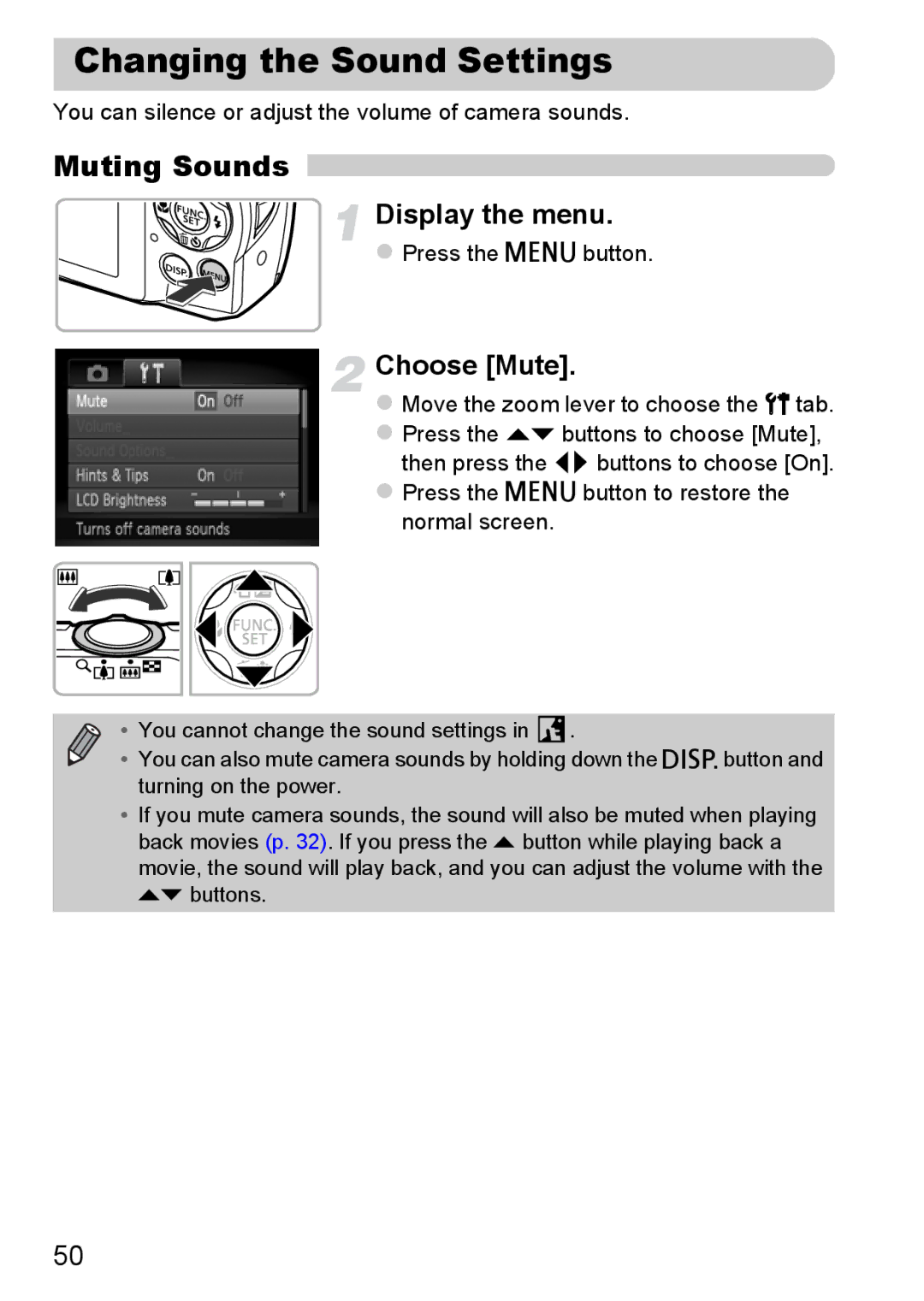 Canon A3350 IS, A2200 IS Changing the Sound Settings, Muting Sounds, Choose Mute, Move the zoom lever to choose the 3tab 