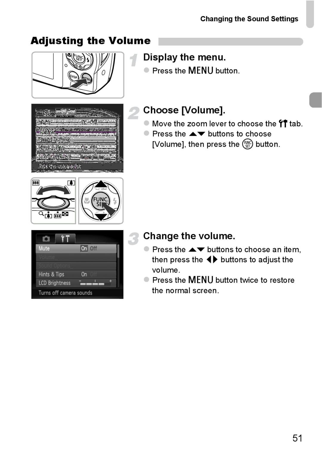 Canon A2200 IS, A3350 IS manual Adjusting the Volume, Choose Volume, Change the volume, Changing the Sound Settings 