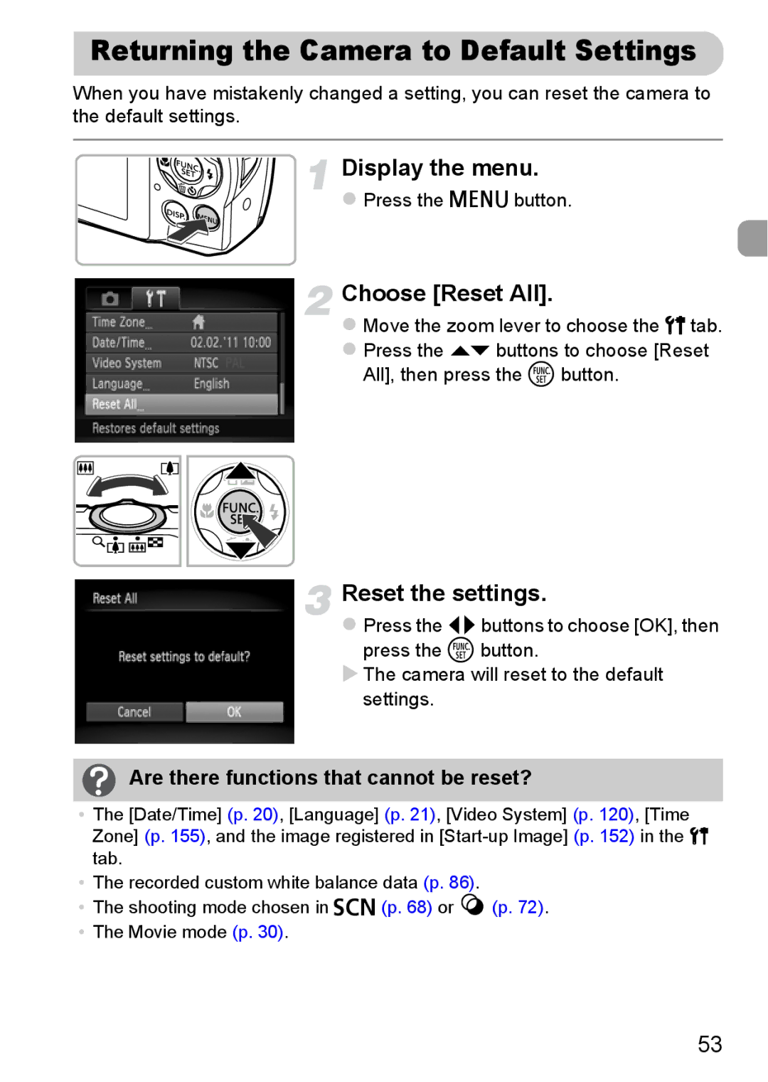 Canon A2200 IS, A3350 IS manual Returning the Camera to Default Settings, Choose Reset All, Reset the settings 