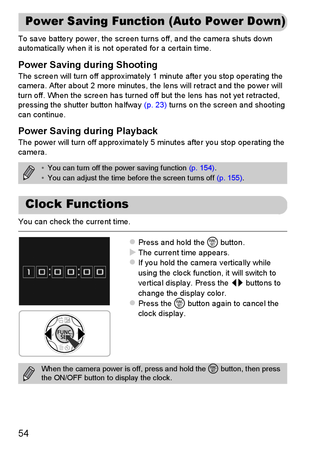 Canon A3350 IS, A2200 IS manual Power Saving Function Auto Power Down, Clock Functions, Power Saving during Shooting 