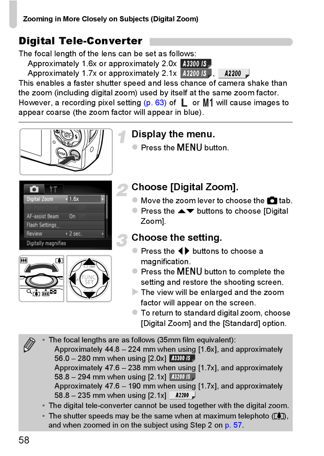 Canon A3350 IS, A2200 IS manual Digital Tele-Converter, Choose Digital Zoom, Choose the setting 