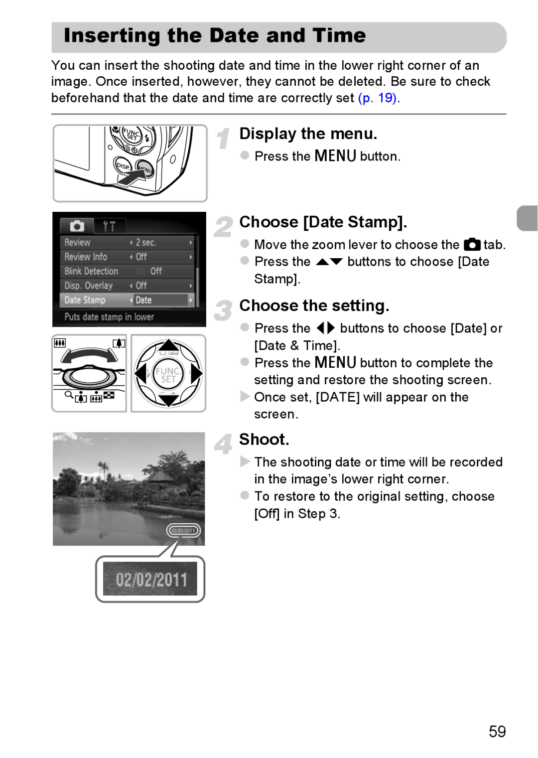 Canon A2200 IS, A3350 IS manual Inserting the Date and Time, Choose Date Stamp, Screen 