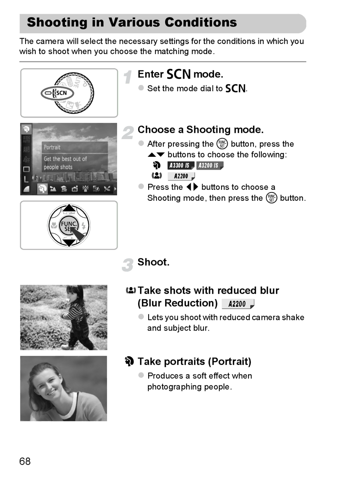 Canon A3350 IS, A2200 IS Shooting in Various Conditions, Enter K mode, Choose a Shooting mode, Take portraits Portrait 