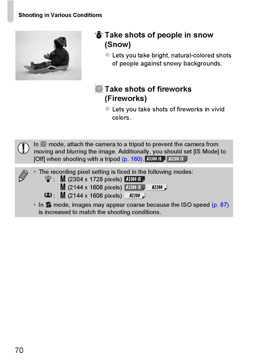 Canon A3350 IS, A2200 IS manual PTake shots of people in snow Snow, TTake shots of fireworks Fireworks 