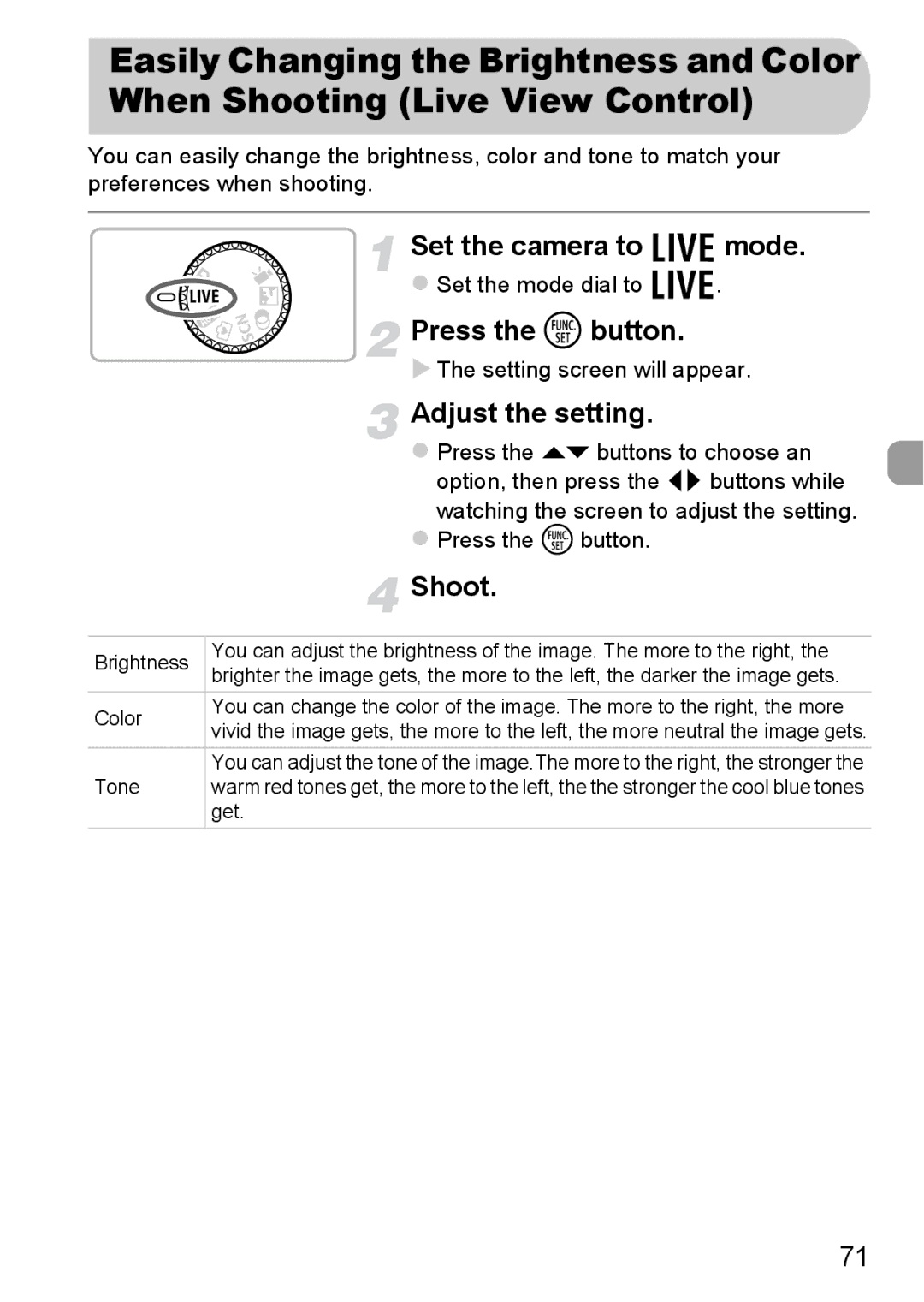 Canon A2200 IS, A3350 IS manual Set the camera to Mode, Press the m button, Adjust the setting 