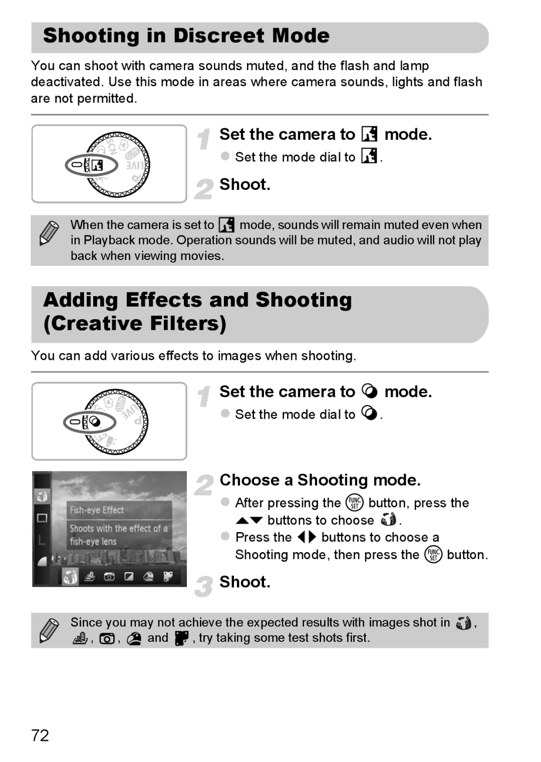 Canon A3350 IS, A2200 IS manual Shooting in Discreet Mode, Adding Effects and Shooting Creative Filters 