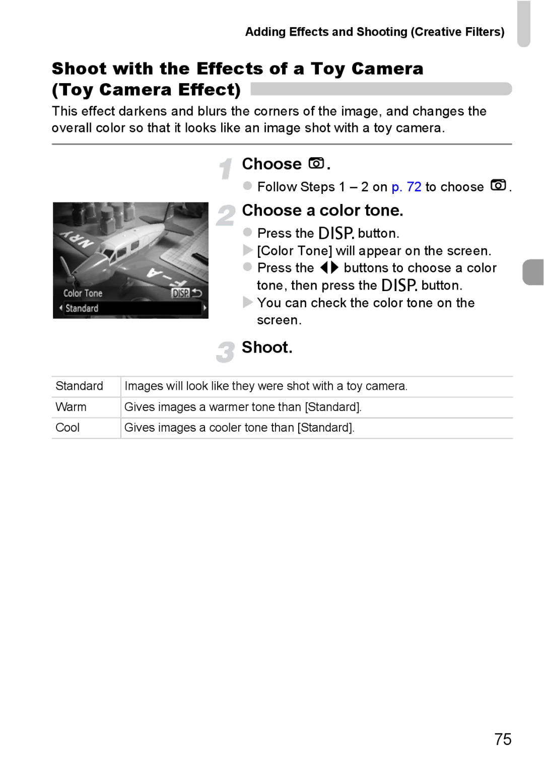 Canon A2200 IS, A3350 IS manual Shoot with the Effects of a Toy Camera Toy Camera Effect, Choose a color tone 