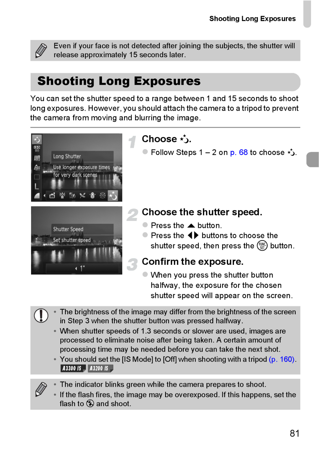 Canon A2200 IS, A3350 IS manual Shooting Long Exposures, Choose ≈, Choose the shutter speed, Confirm the exposure 