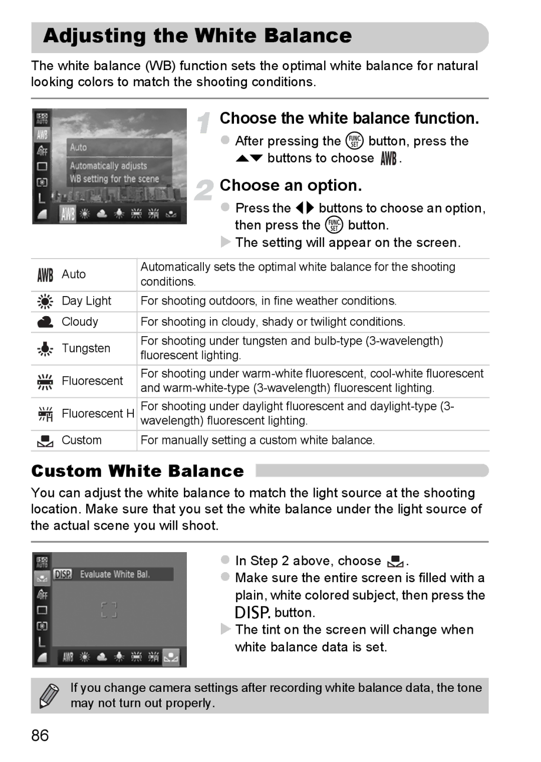 Canon A3350 IS Adjusting the White Balance, Custom White Balance, Choose the white balance function, Op buttons to choose 